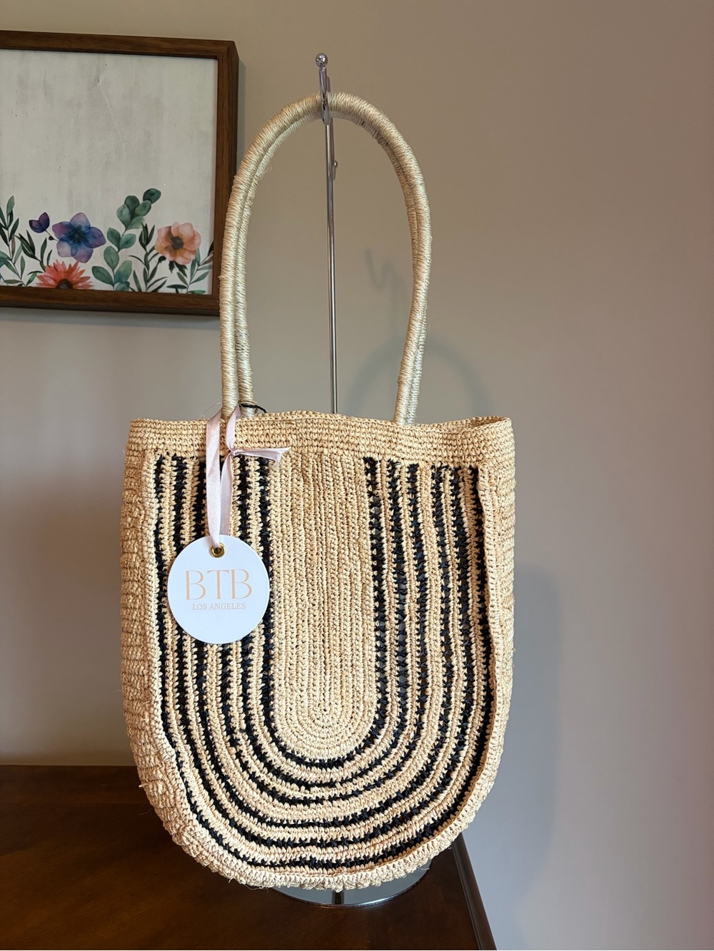 BTB Los Angeles Natural Raffia with Black Stripe Detail Shoulder Tote Bag